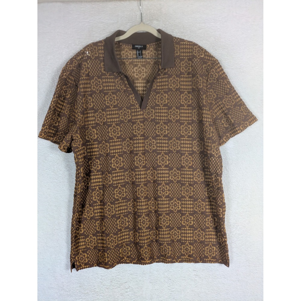 Forever 21 Polo Shirt Men's Large Brown Geometric Textured Knit V-Neck Retro